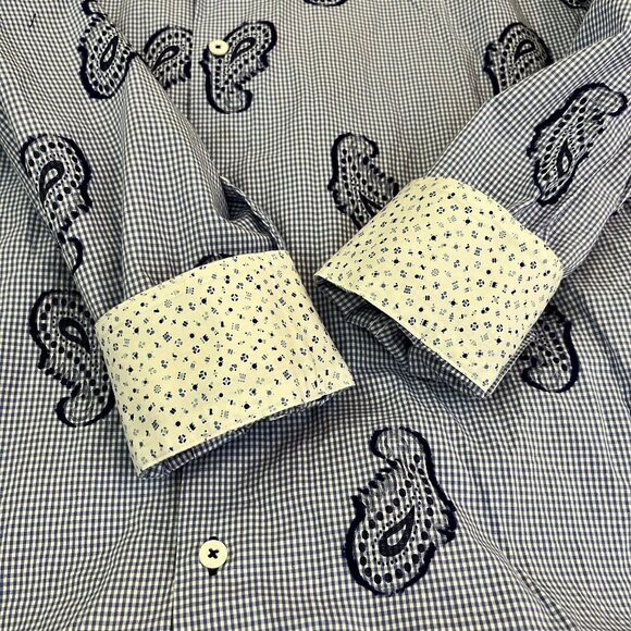 Bugatchi Uomo Button Shirt Mens Size XL Flip Cuff Blue Paisley Embroidered‎ GUC - Picture 4 of 9